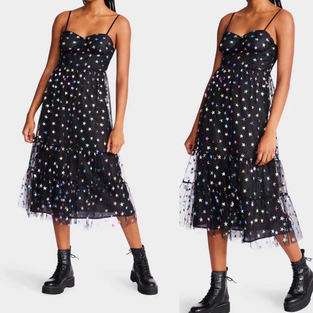 Betsy Johnson Rainbow Star Mesh Midi Dress Black NWT Size 10